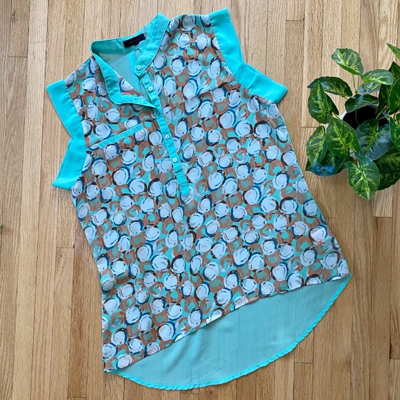 Lulumari Aqua Abstract Sleeveless Chinese Collar High-Low Button Up Blouse Sz M - Picture 10 of 10